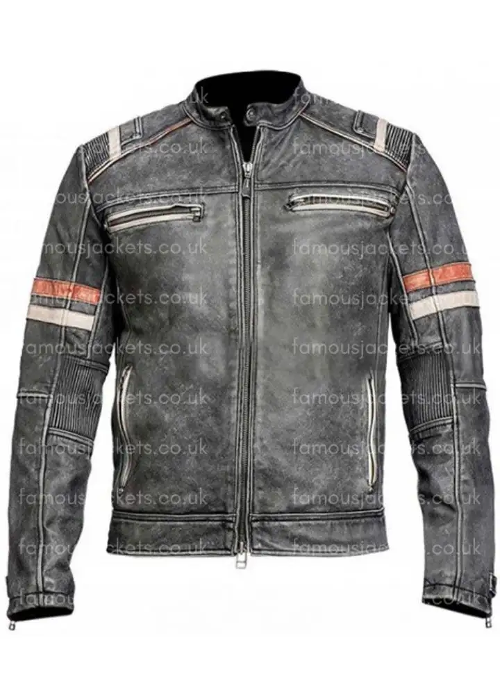 thumbnail image 2 of FZ Men's Vintage Biker Style Motorcycle Cafe Racer Distressed Leather Jacket - Black, Solid 2 of 6